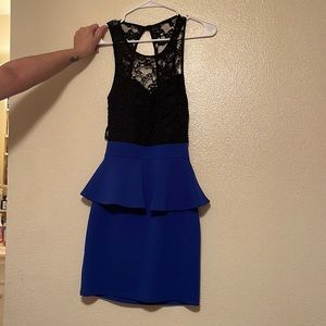 Lace blue and black lace high neckline dress